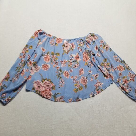 Billabong Large Crop Top Blouse Balloon Sleeve Blue Floral Crepe Flowy Beach - Picture 9 of 10